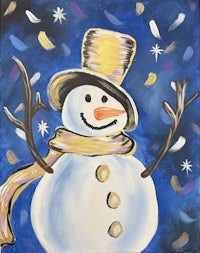 a painting of a snowman wearing a hat and scarf