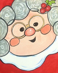 a painting of a santa face with glasses and holly